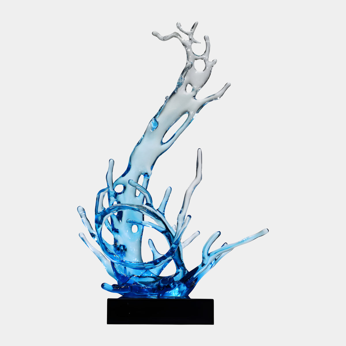 Blue Splash Spire & Spray Ring Resin Sculpture, 75cm, a leaning column fading from blue to clear with pierced openings atop a spray ring, on a black base against a white background.