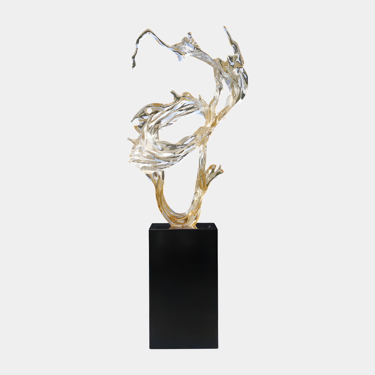 Champagne & Clear Ribbon Swirl Wave on Plinth Resin Sculpture, 190cm, a swirling ribboned wave form in gold and clear tones on a black marble plinth, shown against a plain white background.