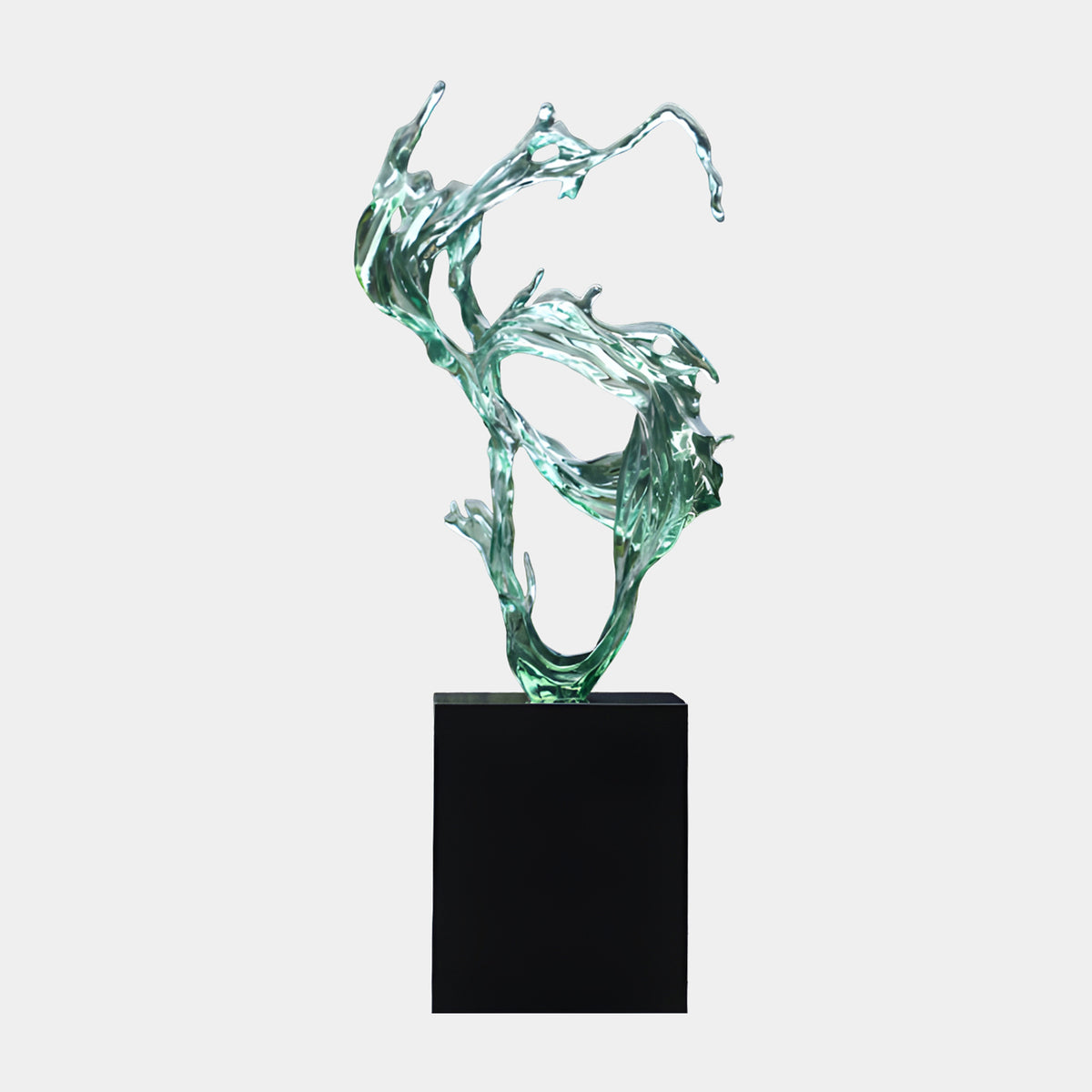 Sea Green Ribbon Swirl Wave on Plinth Resin Sculpture, 190cm, glassy green resin wave curving above a black marble plinth on a plain white background.