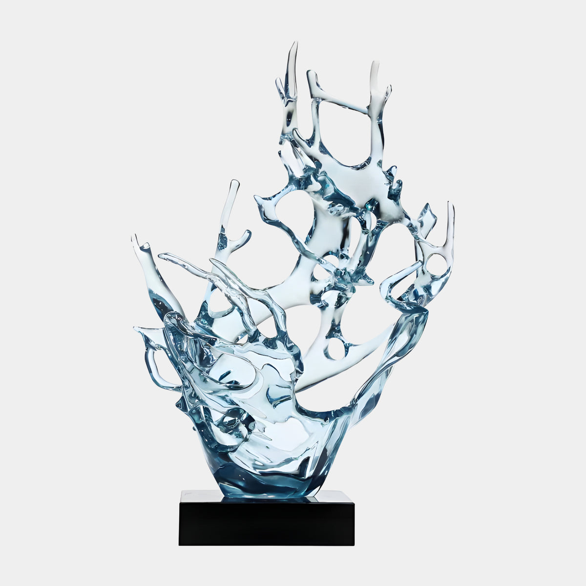 Steel Blue Lattice Crest Splash Cast Resin Sculpture, 67cm, a wave-like form with looping tendrils and open windows on a black base, set against a plain white background.