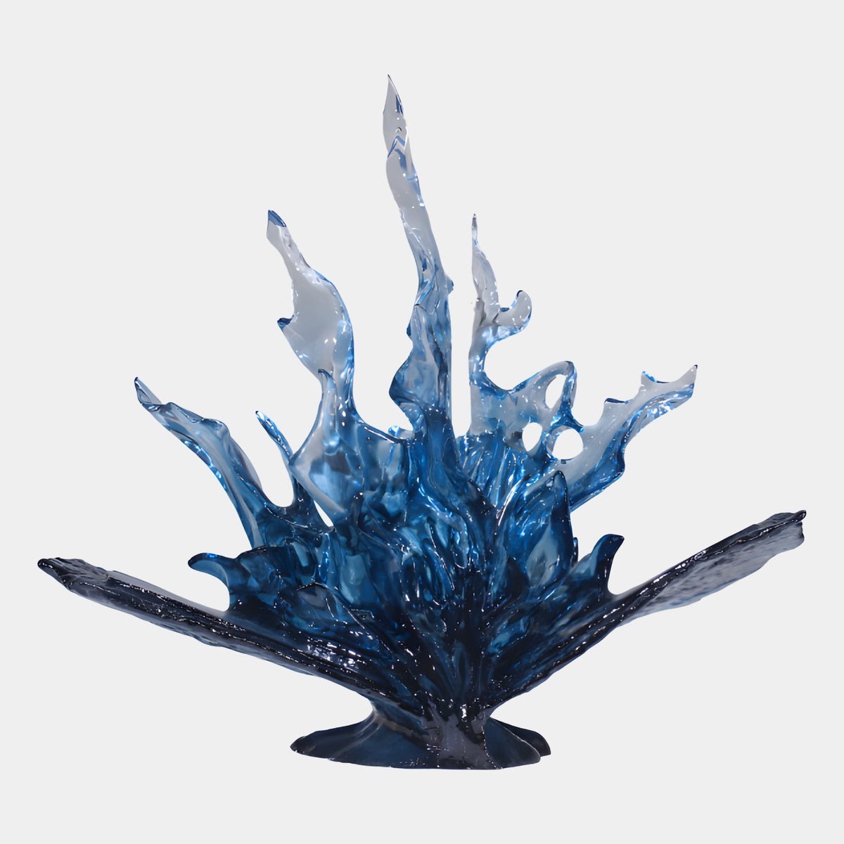 Blue & Clear Winged Burst Resin Sculpture - 48cm, dark navy wing-like blades flanking spikes of blue-to-clear resin spray, on a small base against a plain white background.