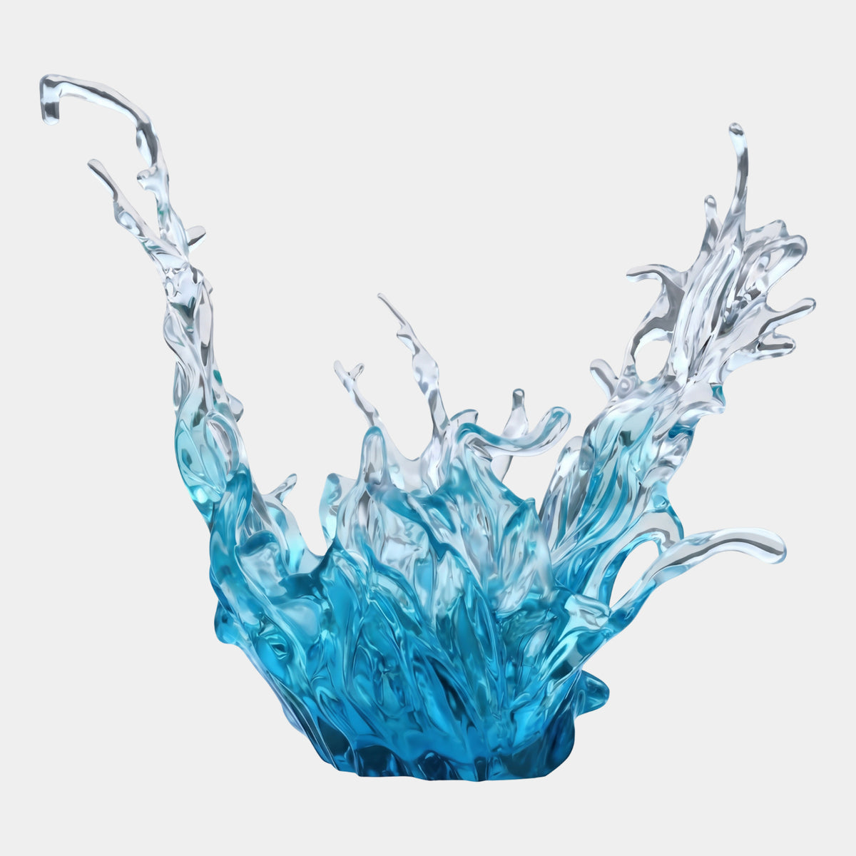Blue Wide Spreading Water Crown Resin Sculpture - 135cm, a turquoise splash with tall hooked and branching arms on a small base, shown on a plain white background.