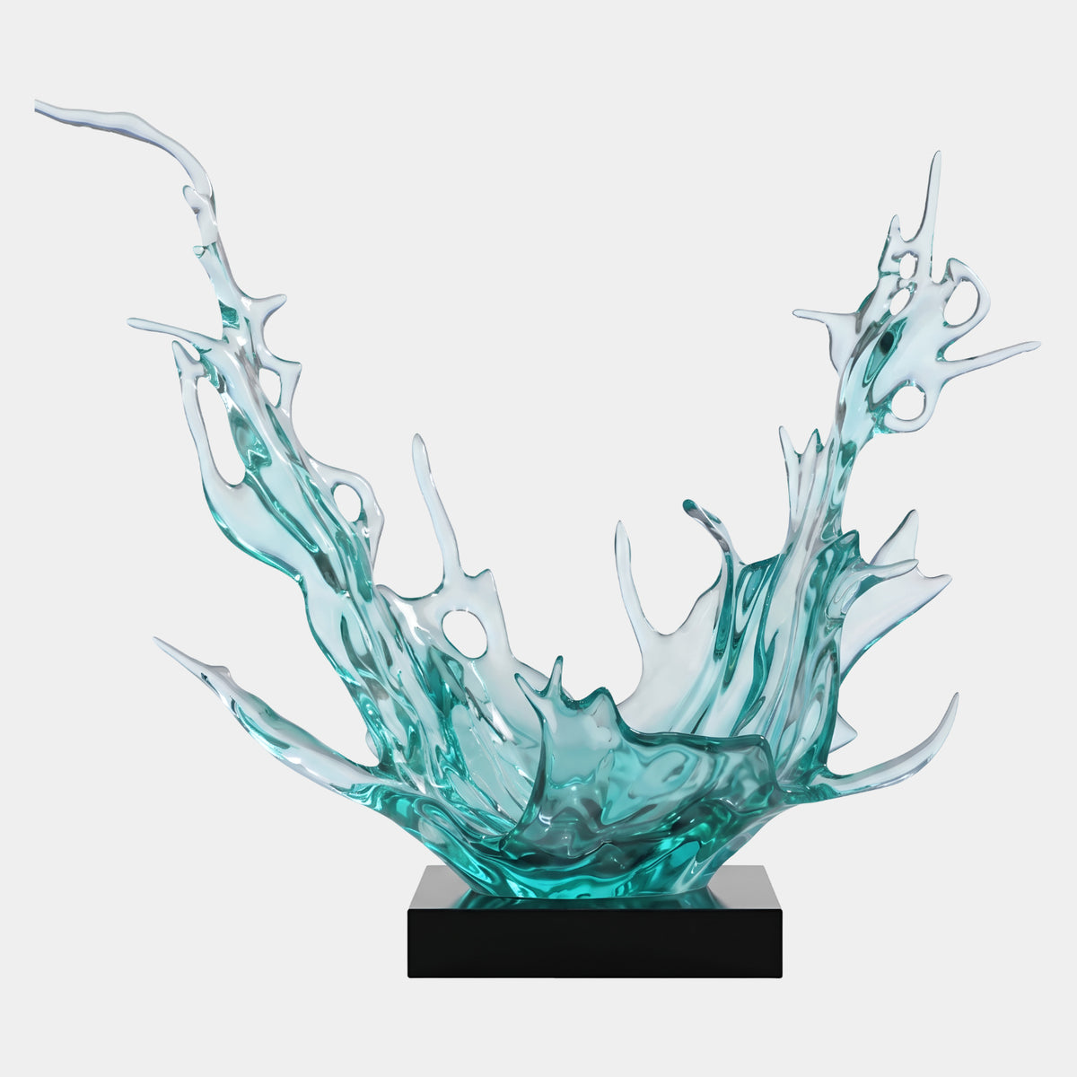 Aqua & Clear Wide Crown Splash Resin Sculpture, 177cm, wave-shaped with a shallow aqua bowl and reaching spiked arms, on a black base against a plain white background.