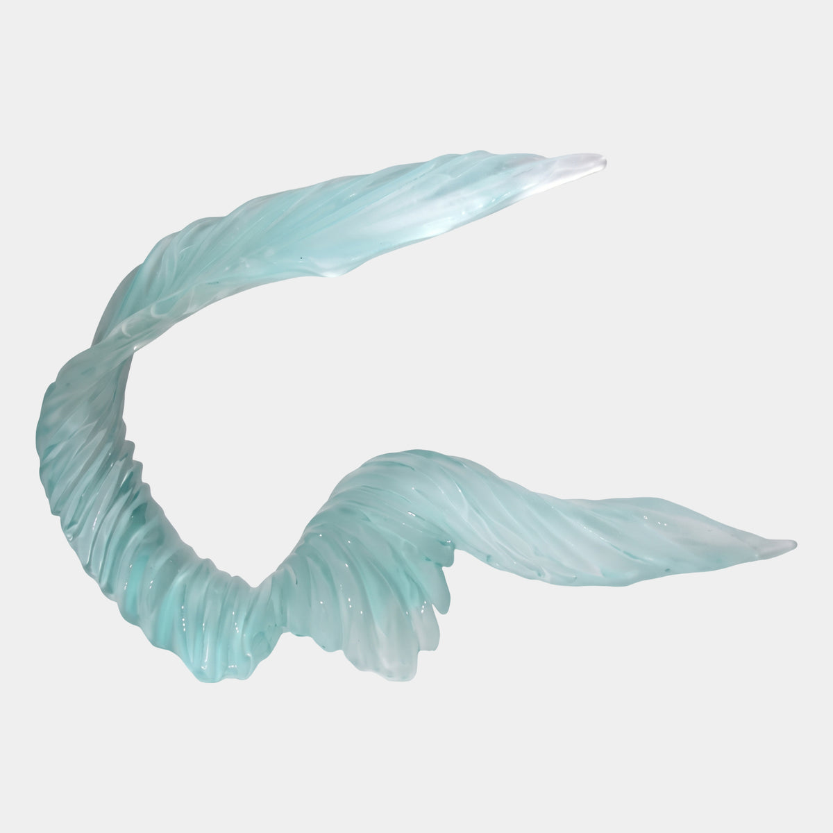 Frosted Mint Feather Wave Cast Resin Sculpture (93cm) by Giant Sculptures, a curling self-supporting form with ribbed texture, shown on a plain white background.