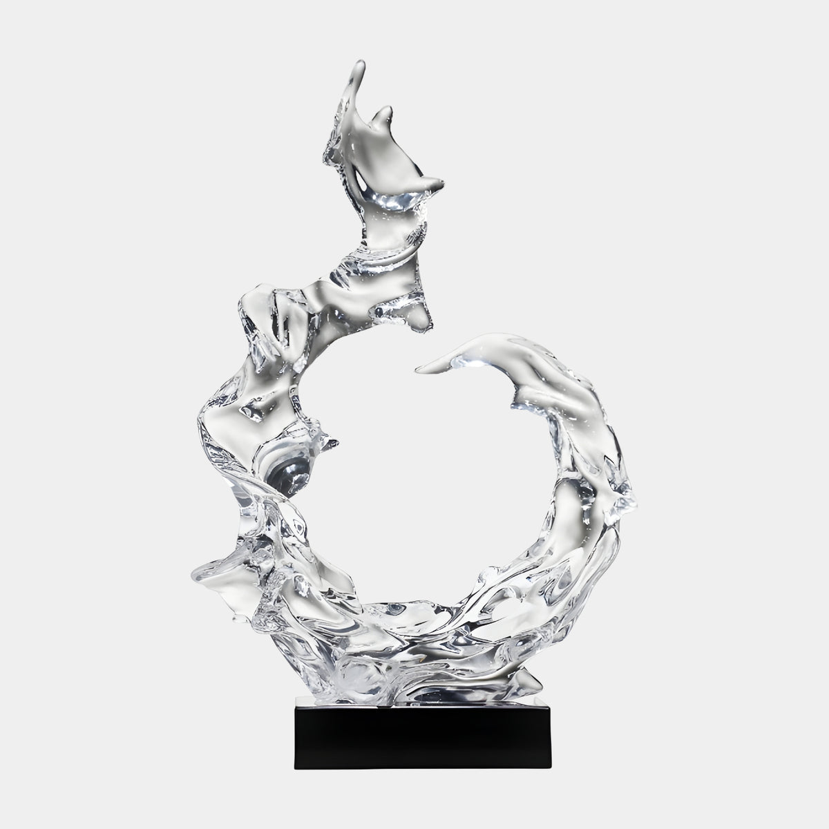 Clear Open Wave Ring Resin Sculpture (56cm) by Giant Sculptures, faceted translucent wave form on black base, shown against a plain light background.