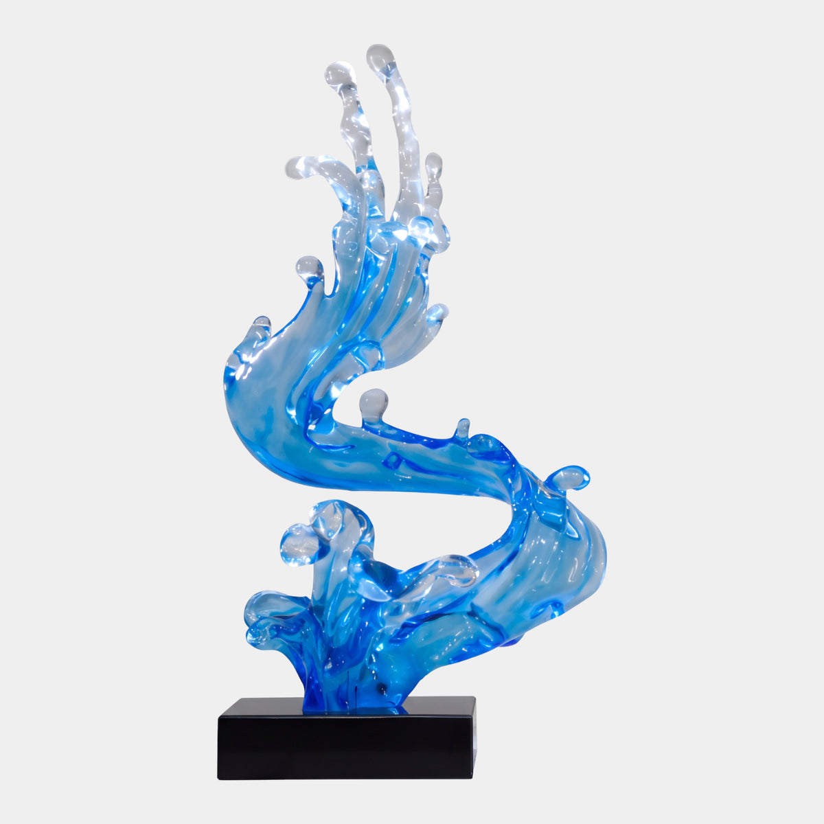 Azure Blue & Clear S-Curve Wave Resin Sculpture, 75cm, on a black marble base with upright jets ending in rounded drops, set against a plain light background.