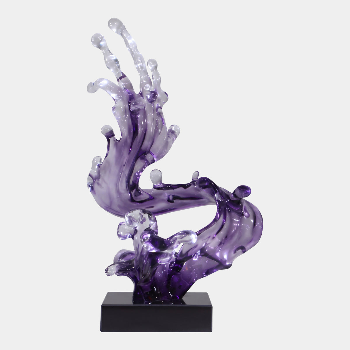 Purple & Clear S-Curve Wave Resin Sculpture, 75cm, shows an amethyst wave with clear fluted crest on a black marble base, set against a plain light background.
