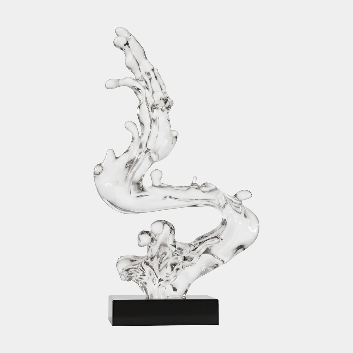 Clear S-Curve Wave Resin Sculpture - 75cm, a colorless resin wave winding upward from a black marble base, shown against a plain white background.