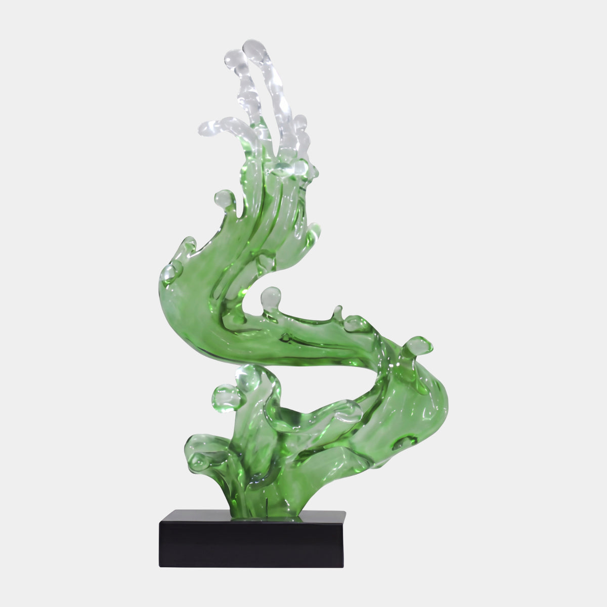 Leaf Green & Clear S-Curve Wave Resin Sculpture, 75cm, on a black marble base with a plain light grey background.