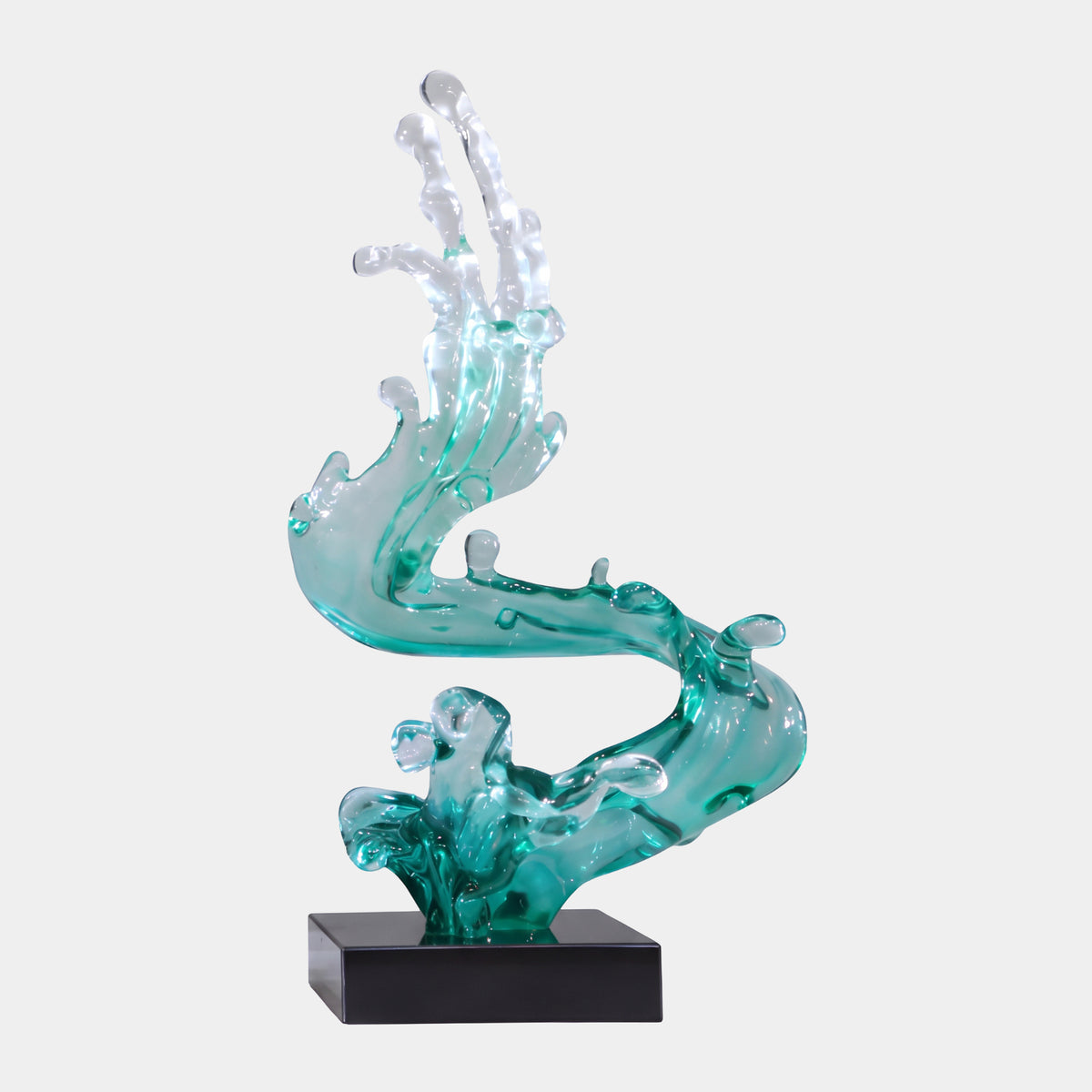 Mint Green & Clear S-Curve Wave Resin Sculpture, 75cm, on a black marble base with a plain white background.