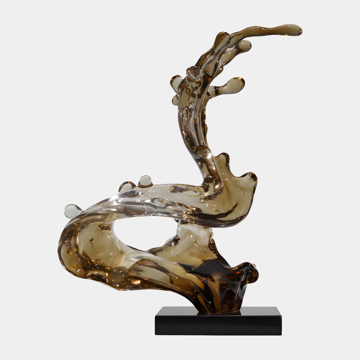 Smoky Brown Folded Curl & Rising Spray Resin Sculpture, 98cm, S-shaped wave form with curled tendrils on a black base, set against a plain white background.