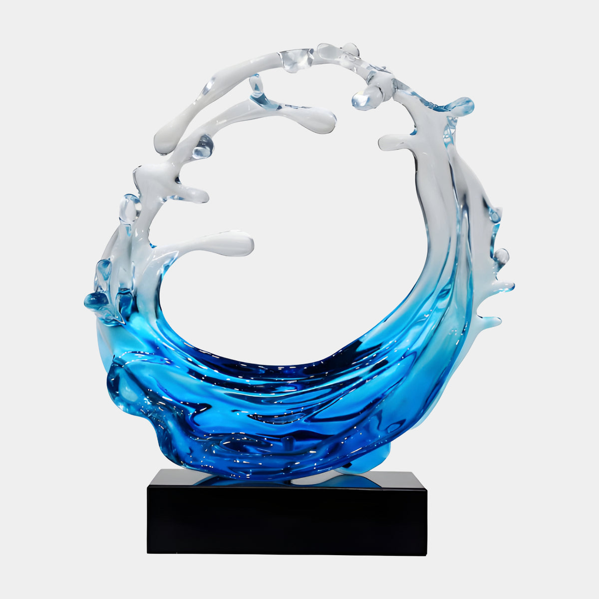 Blue Droplet Tipped Wave Ring Resin Sculpture, 48cm, curling wave form in deep blue fading to clear resin with droplet-tipped arms, on a black base against a plain white background.