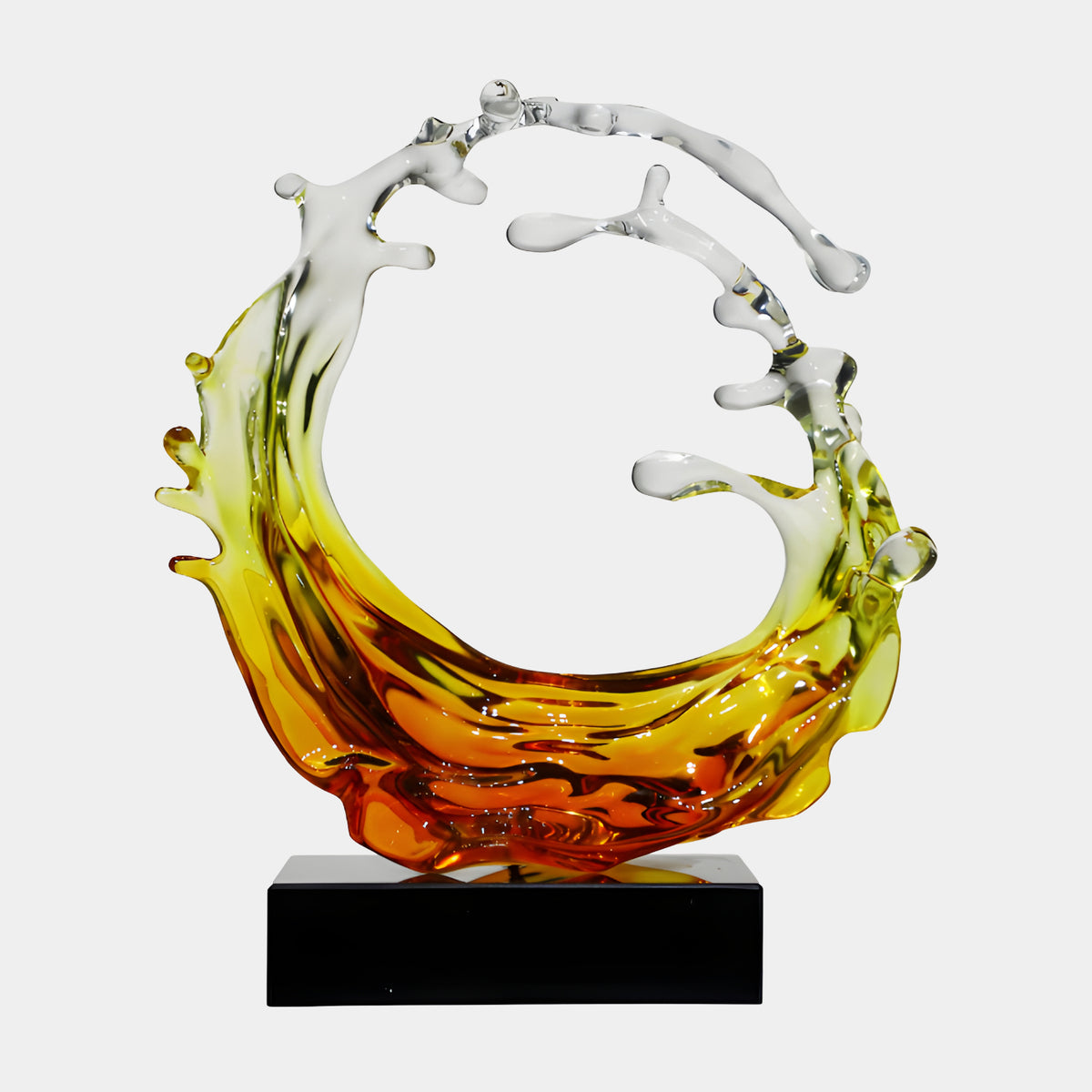 Amber & Clear Droplet Tipped Wave Ring Resin Sculpture, 48cm, shaped like a swirling wave ring fading from amber-orange to clear droplet-tipped arms, on a black base against a white background.