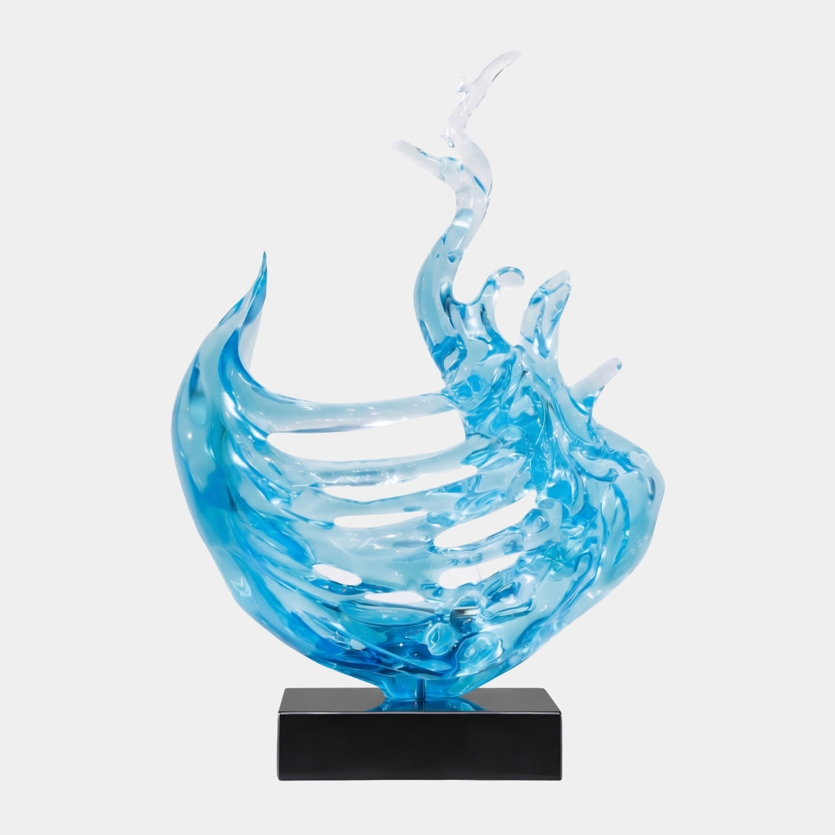 Blue Ribbed Fan Wave Cast Resin Sculpture, 70cm, with ribbed hollow and clear splash crest, on a black base against a white background.