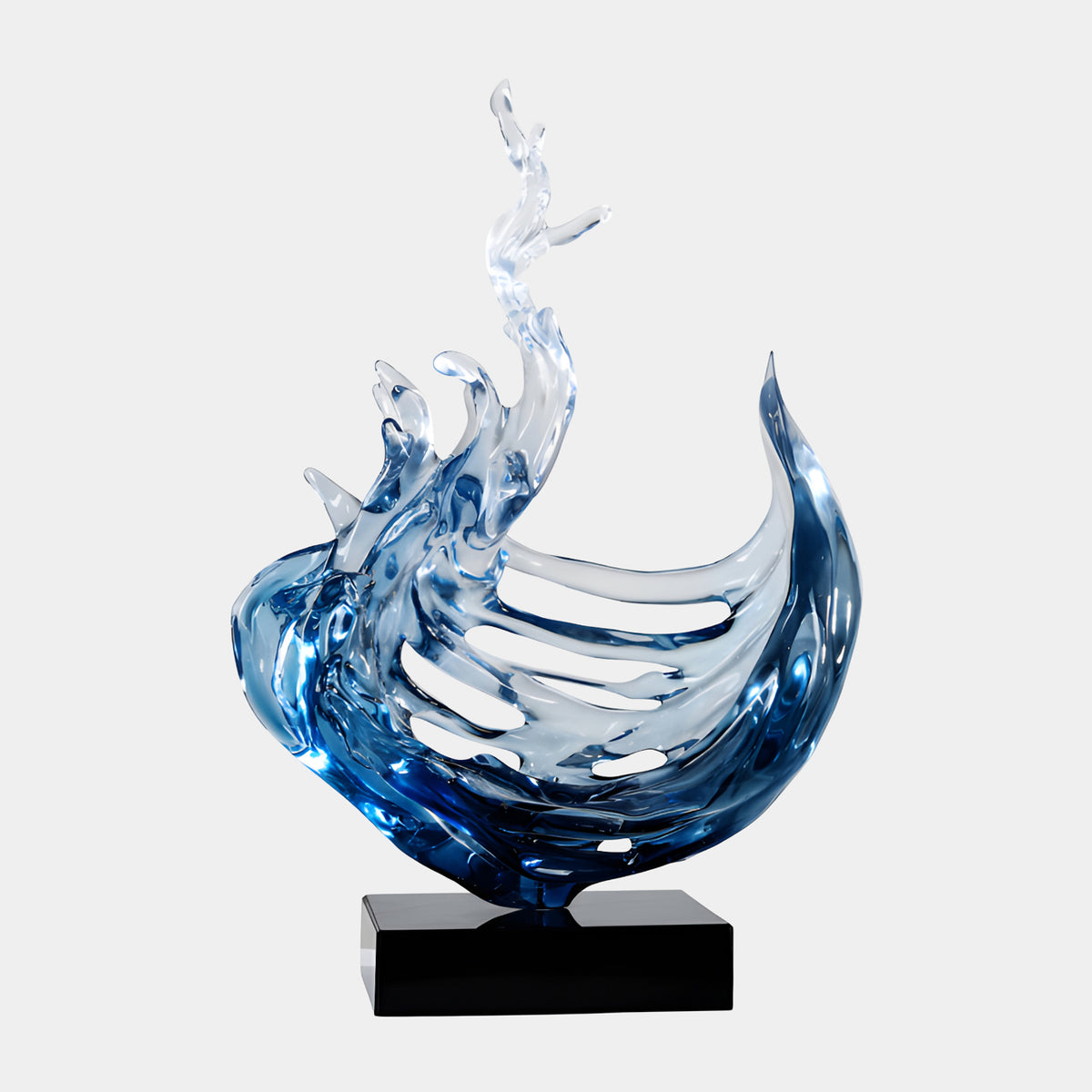 Navy & Clear Ribbed Fan Wave Cast Resin Sculpture, 70cm, on a black base, set against a plain white background.
