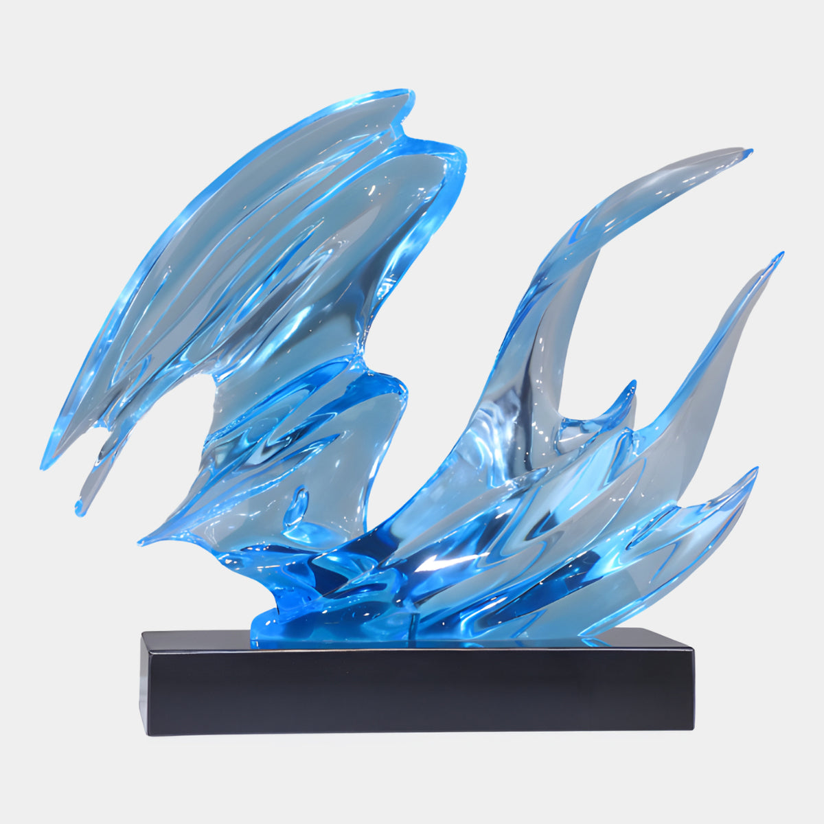 Sky Blue Swept Blade Wave Resin Sculpture, 58cm, with curved blade-like forms on a black rectangular base, set against a plain white background.