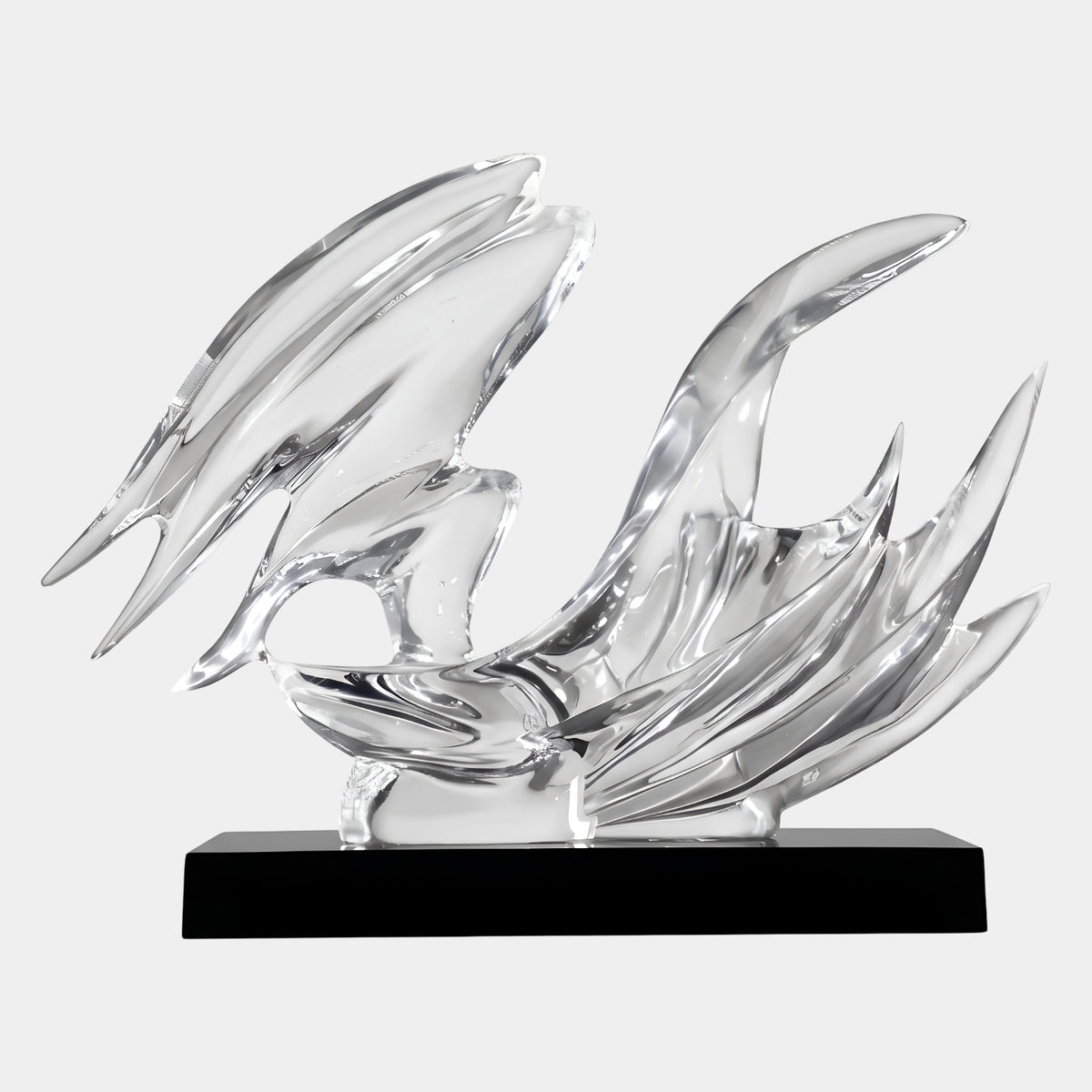 Clear Folded Wing Blade Wave Resin Sculpture, 82cm, with curved blade-like forms on a black base, set against a plain white background.