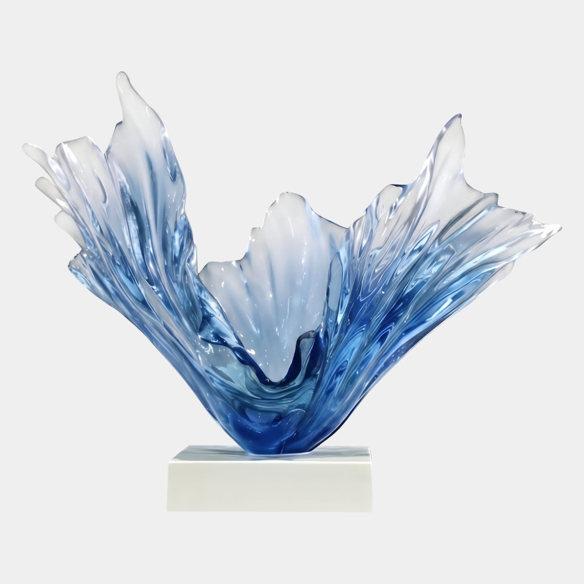 Cornflower Blue Flared Splash Resin Sculpture, 72cm, wave-like form with torn, pointed rim on a white block base against a plain light background.