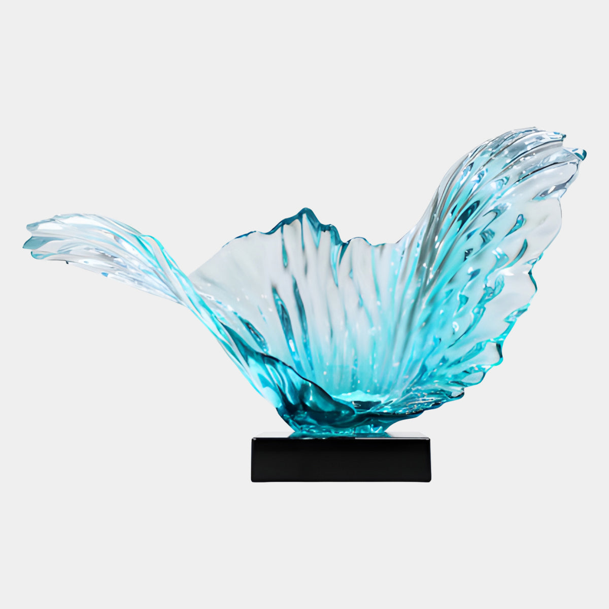 Aqua Ribbed Twin Wing Fan Resin Sculpture, 82cm, with ribbed aqua-to-clear wings on a black rectangular base, shown against a plain white background.