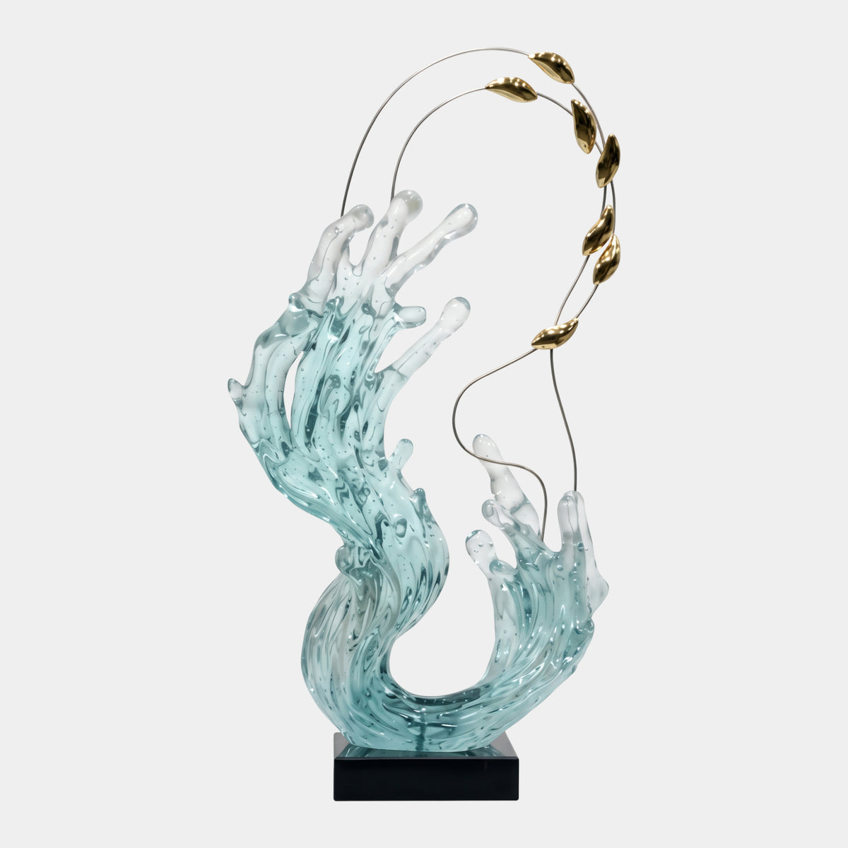 Pale Aqua Splayed Crest Wave & Gilt Leaves Resin Sculpture, 101cm, glossy aqua wave form with gold leaf-strung wire accents, on a black base against a plain white background.