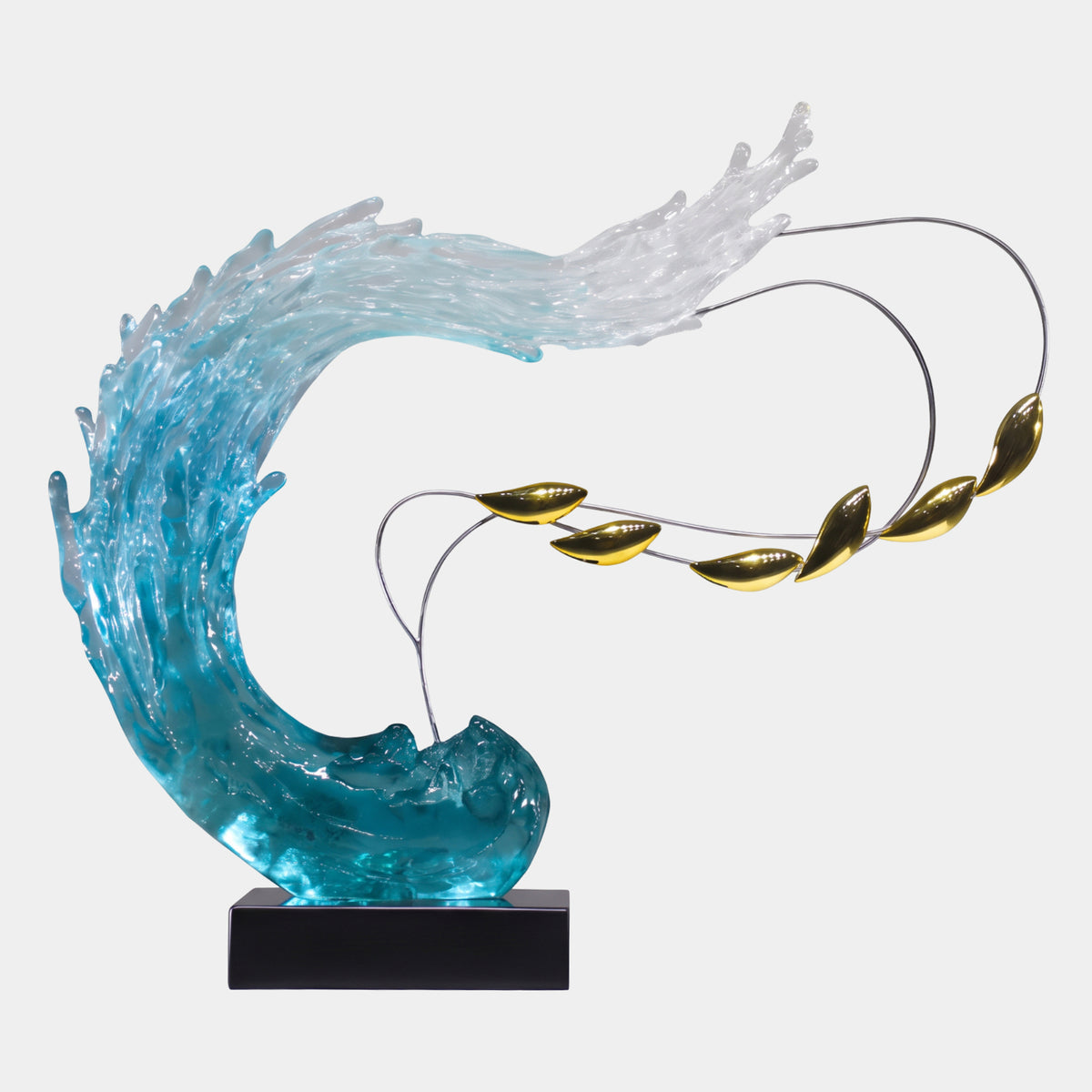 Blue Long Low Wave & Gilt Leaves Resin Sculpture, 85cm, curling teal-to-clear wave with gold leaves on wire stems, on a black base against a plain white background.