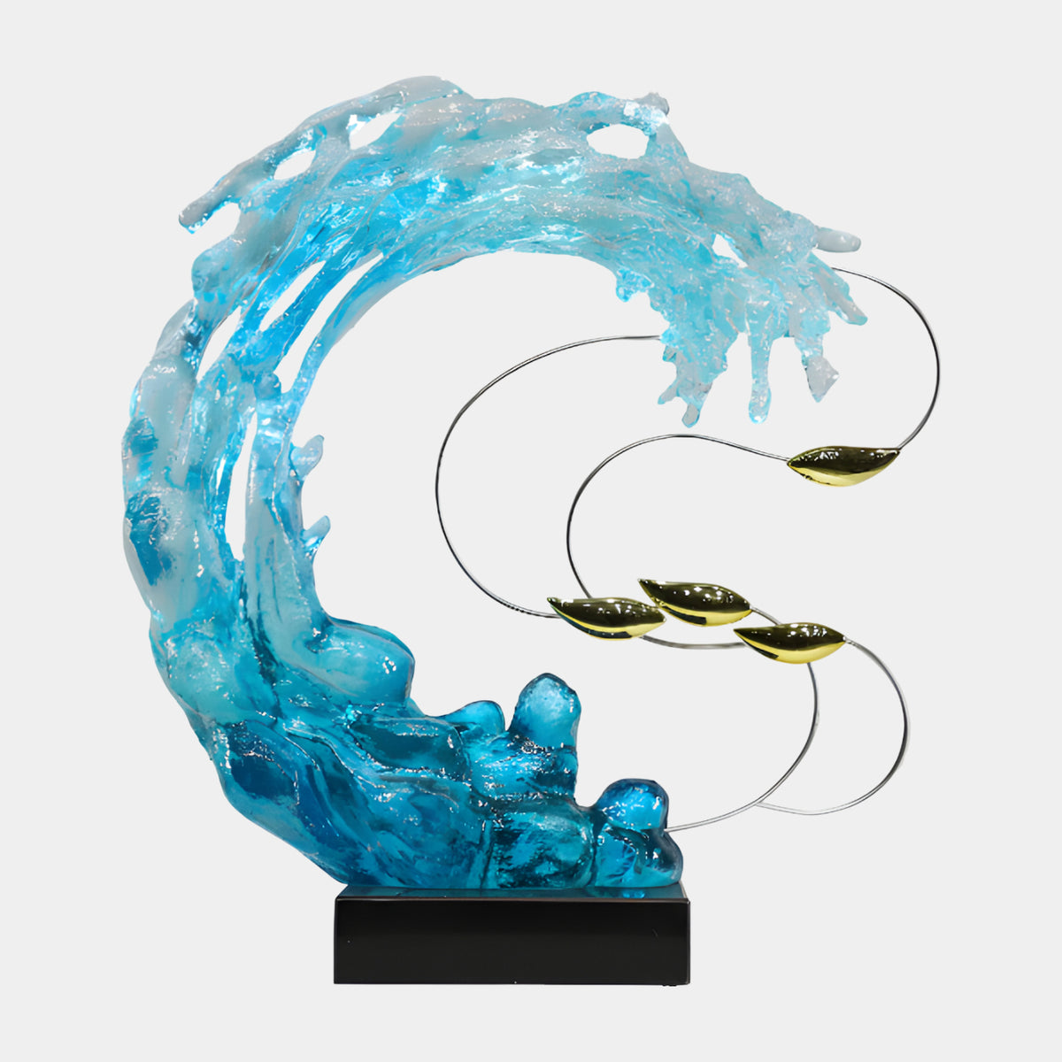 Blue Wave Crescent & Gilt Shoal Resin Sculpture, 68cm, showing a curling blue resin wave with four gold fish on wire S-curves, on a black base against a white background.