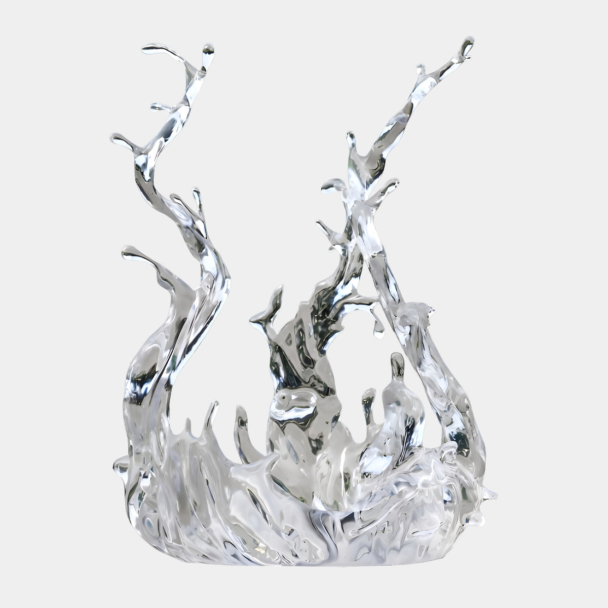 Clear Twin Spire Splash Resin Sculpture, 130cm, with two forked water-like spires rising from a rippled pool base, shown on a plain white background.