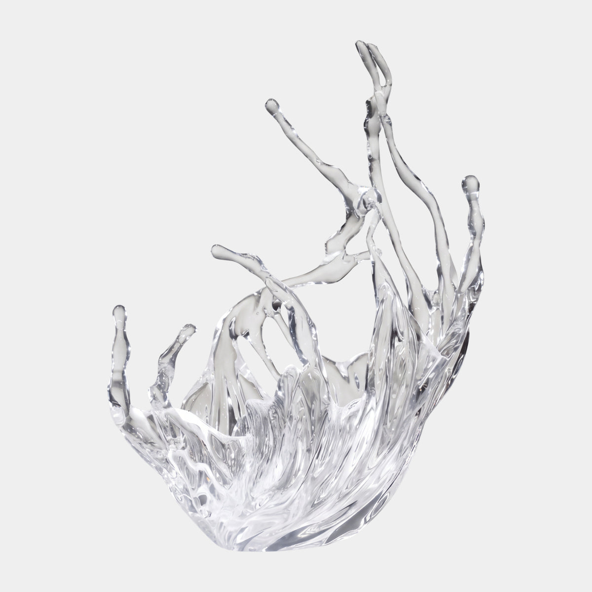Clear Open Splash Crown Cast Resin Sculpture (120cm) by Giant Sculptures, a clear resin wave-form piece with slender arms rising from a cupped base, shown on a plain white background.