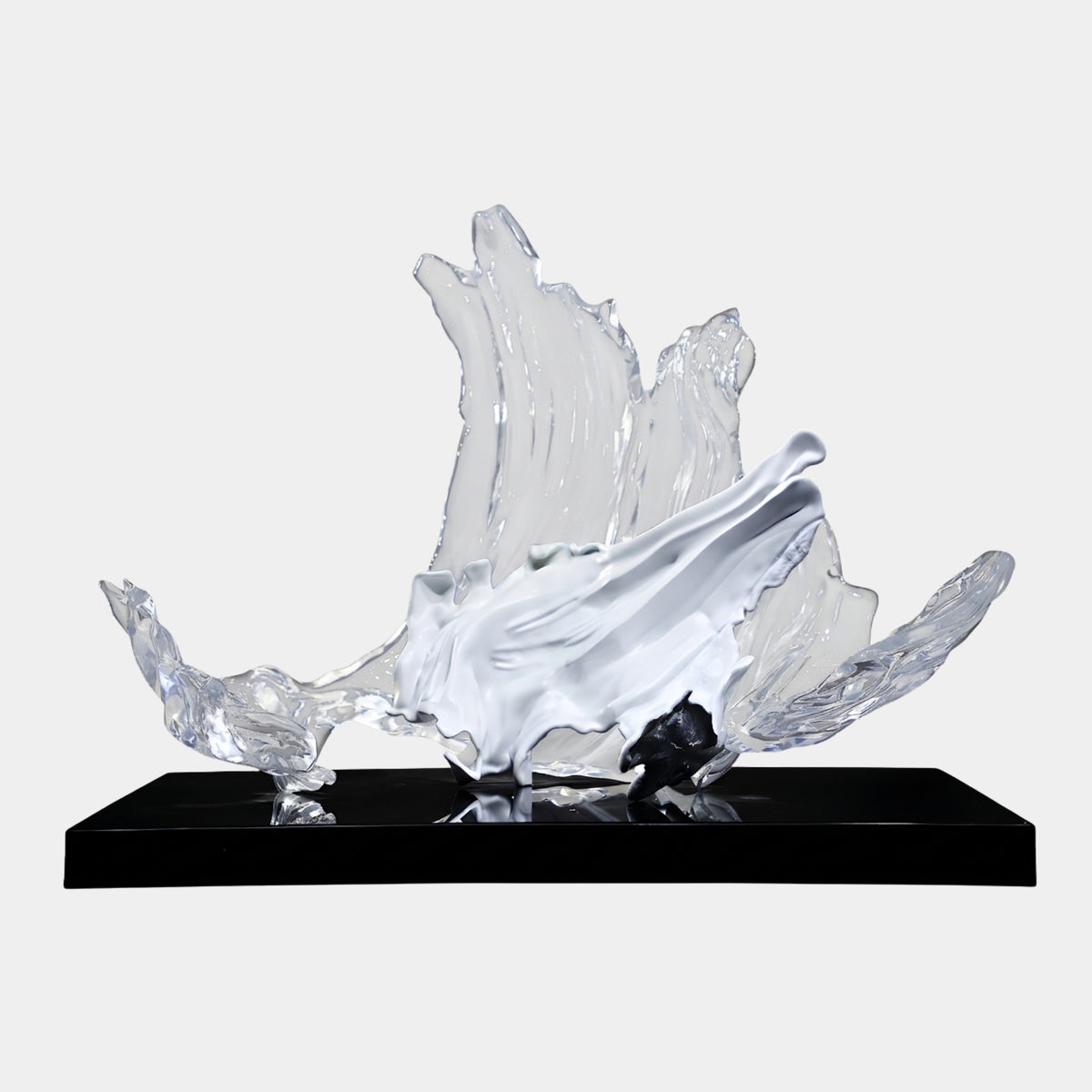 Clear & White Sail Wave Resin Sculpture Set of Two, 91cm, with a tall clear ridged wave behind a smooth white wave on a black base, white background.