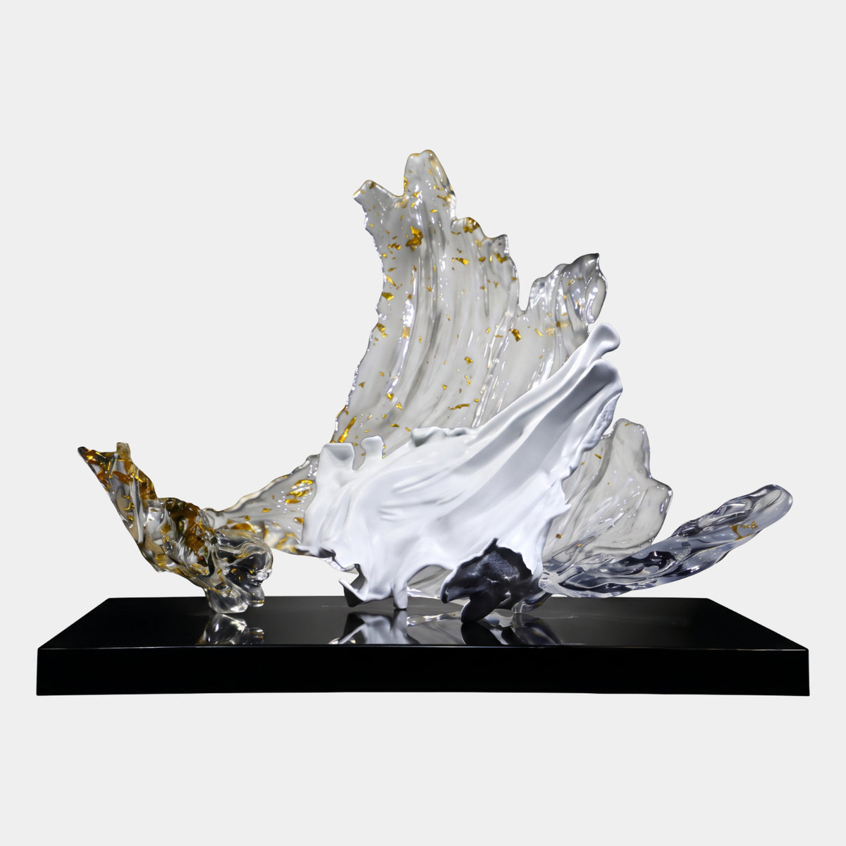 Clear Gold Fleck Sail Wave Resin Sculpture Set of Two, 91cm, with a rippled gold-flecked sail and smooth white wave on a black base, set against a plain white background.