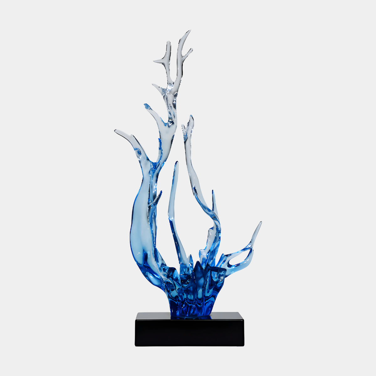 Cobalt Blue Branching Point Splash Resin Sculpture, 76cm, with jagged cobalt base fading to pale blue branches on a black base, shown against a plain light background.