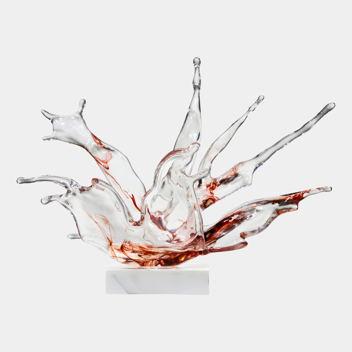Red Ribboned Clear Splash Resin Sculpture - 77cm with rust-red ribbons through clear resin spray arms on a marble base, shown against a plain white background.