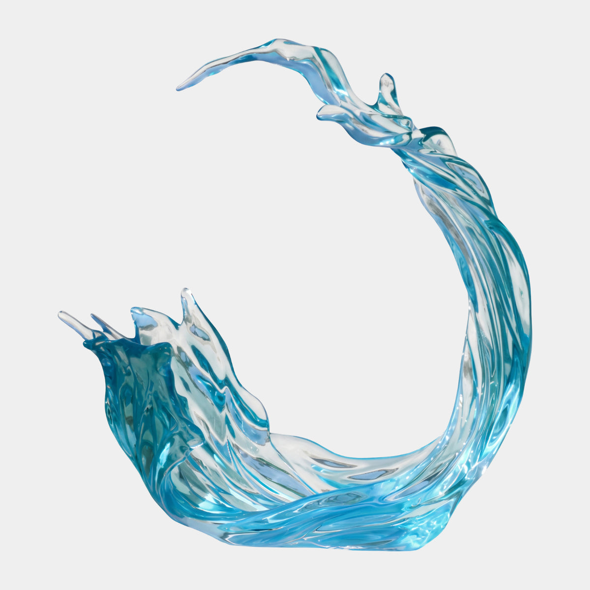 Aqua Arching Curl Wave Resin Sculpture - 118cm, curling blue-clear wave form with crest spikes and a tapered tip, shown on a plain white background.