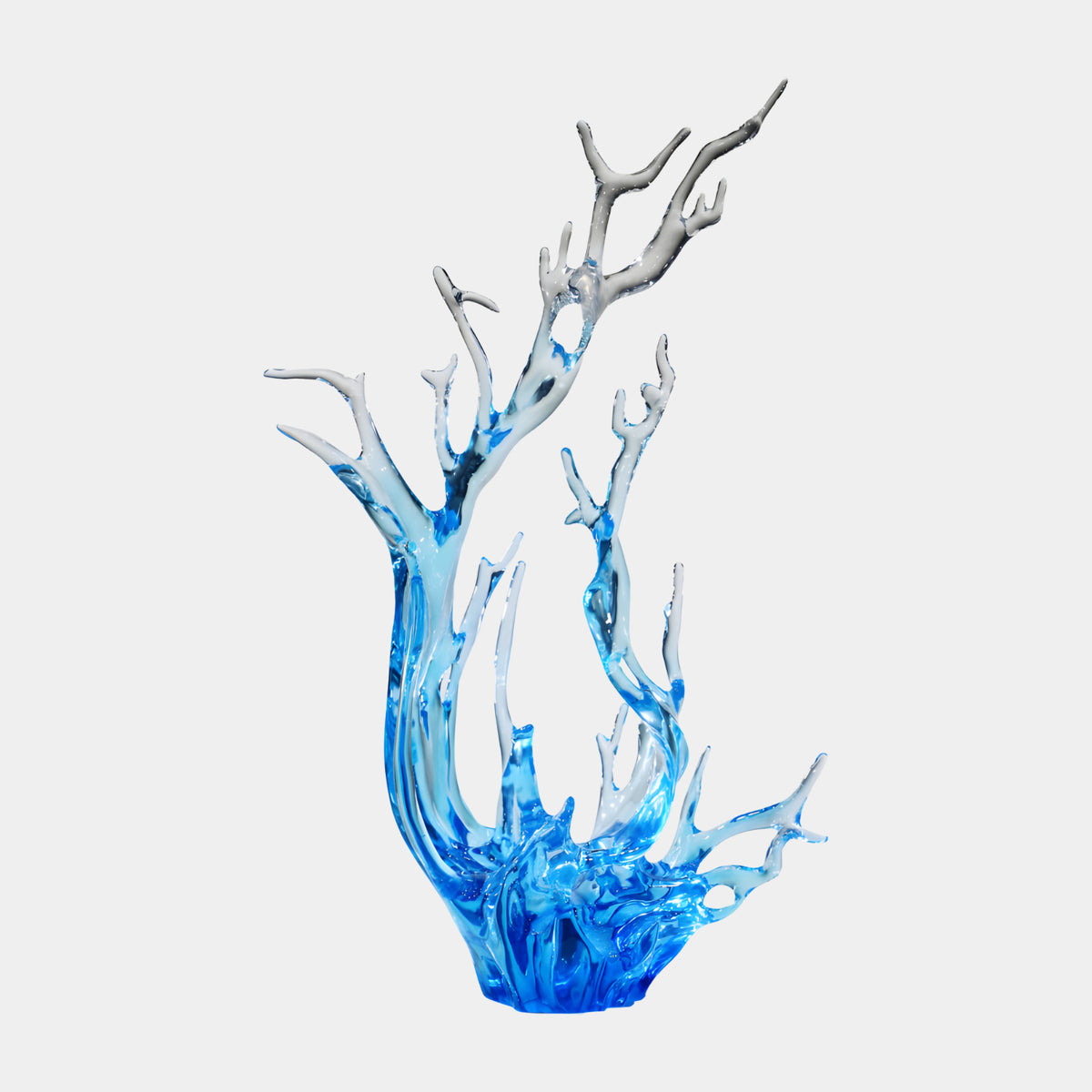 Blue Bare Tree Splash Cast Resin Sculpture (124cm) by Giant Sculptures, branching from a deep blue wave base to clear, tree-like tips, shown on a plain white background.