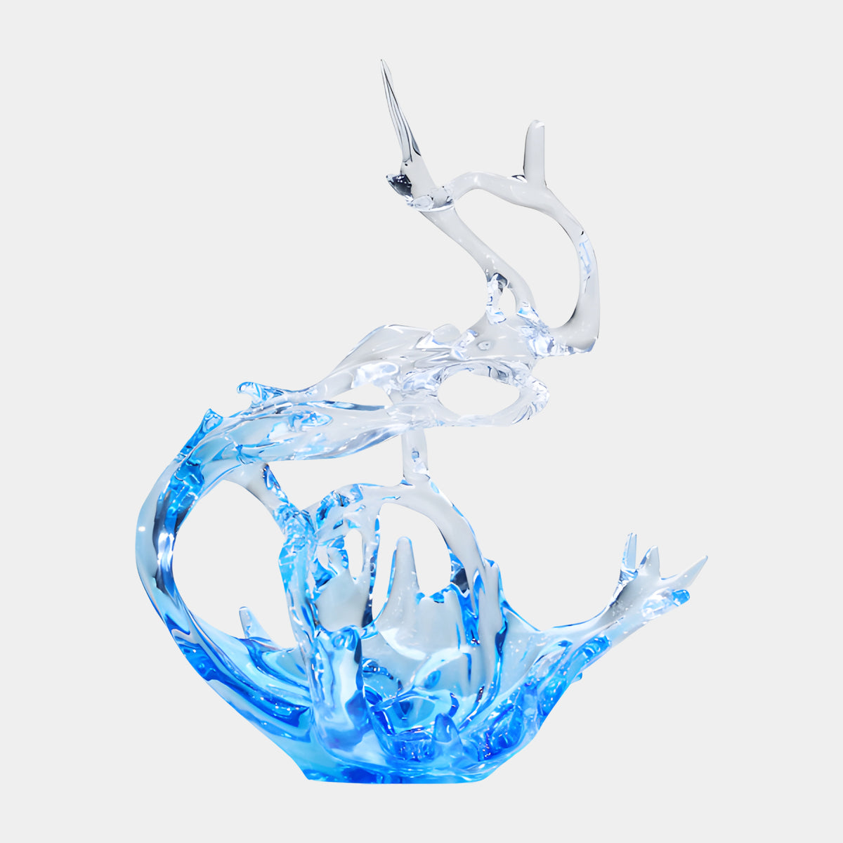 Azure Blue Bowl & Returning Arm Resin Sculpture - 65cm, a clear resin arm rising from a blue wave-form bowl with a low splitting spray, on a plain light background.