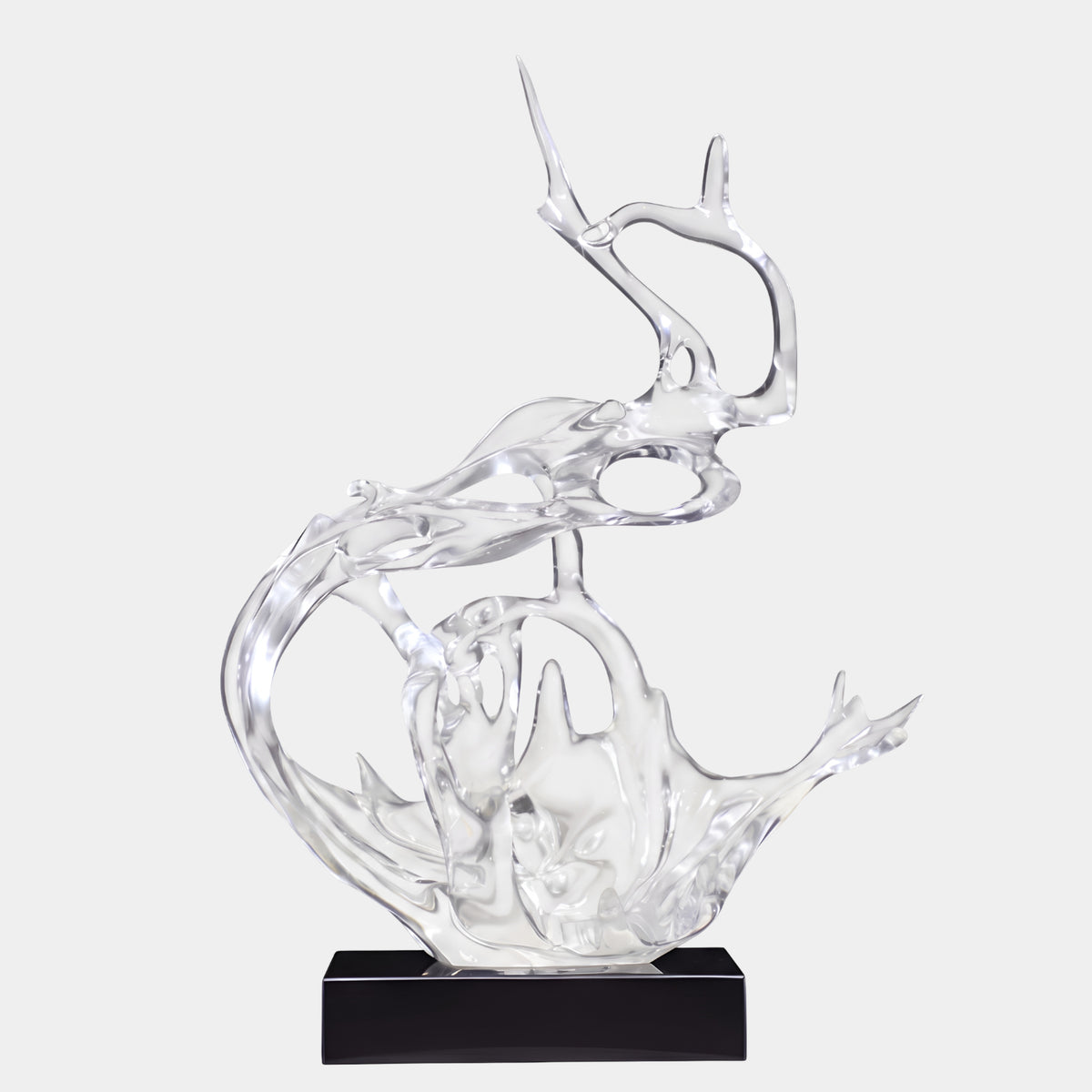 Clear Bowl & Returning Arm Resin Sculpture, 65cm, abstract wave-form in clear resin with a looping arm and spiked rim, on a black base against a plain light grey background.