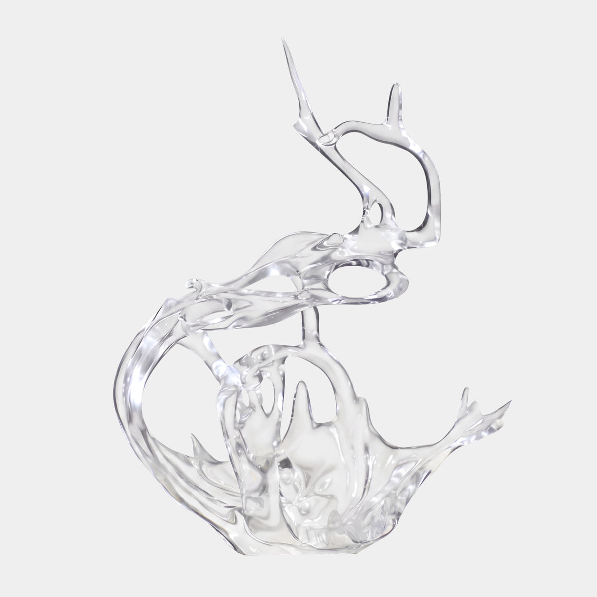 Clear Bowl & Returning Arm Resin Sculpture - 65cm, a colourless splash-form piece with an open bowl base and curved arm framing an oval, shown against a plain light background.