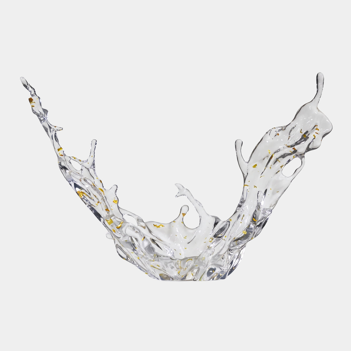 Clear Gold Fleck Open Wing Splash Resin Sculpture (88cm) by Giant Sculptures, two uneven wave-like wings with gold flecks rising from a low trough, shown on a plain white background.