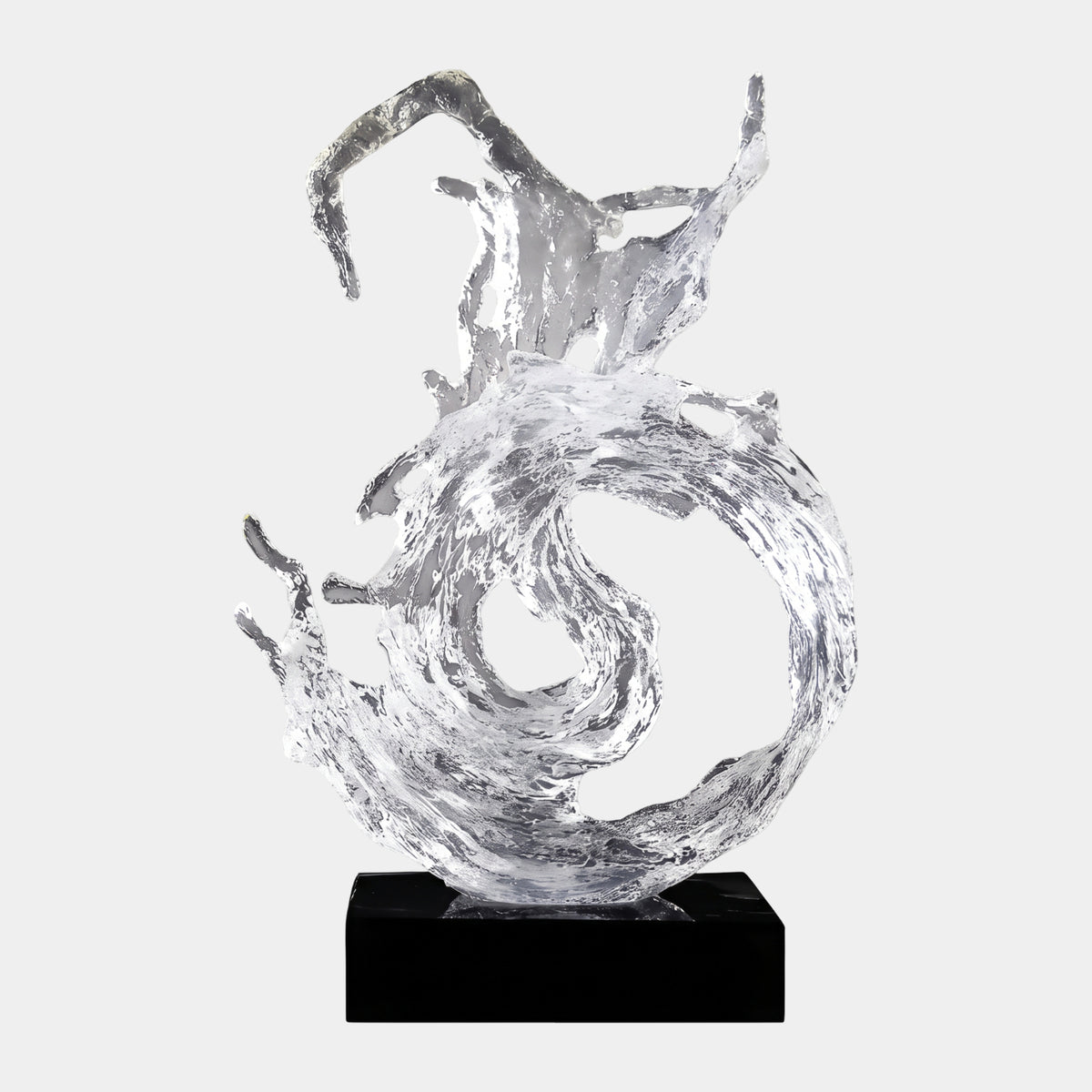 Clear Crystalline Wave Curl Resin Sculpture - 66cm, a colourless wave curling into a ring with textured, granular surface, on a black base against a plain light background.
