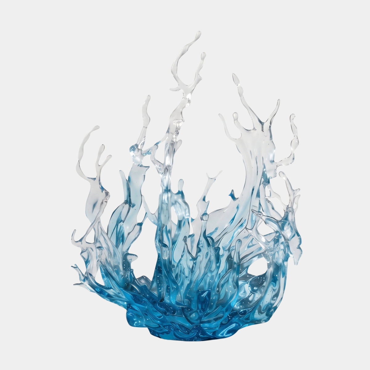 Blue & Clear Water Crown Resin Sculpture - 200cm, a wave-like crown of tapering resin spouts fading from deep blue at the base to clear tips, shown on a plain light background.