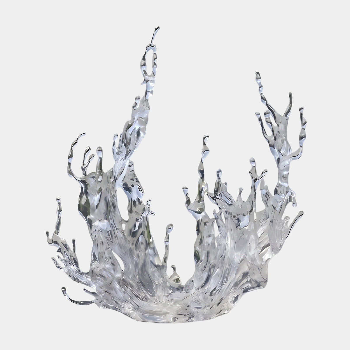 Clear Water Crown Resin Sculpture, 200cm, by Giant Sculptures, a ring of tapering clear resin spouts rising from a churned base, shown on a plain white background.