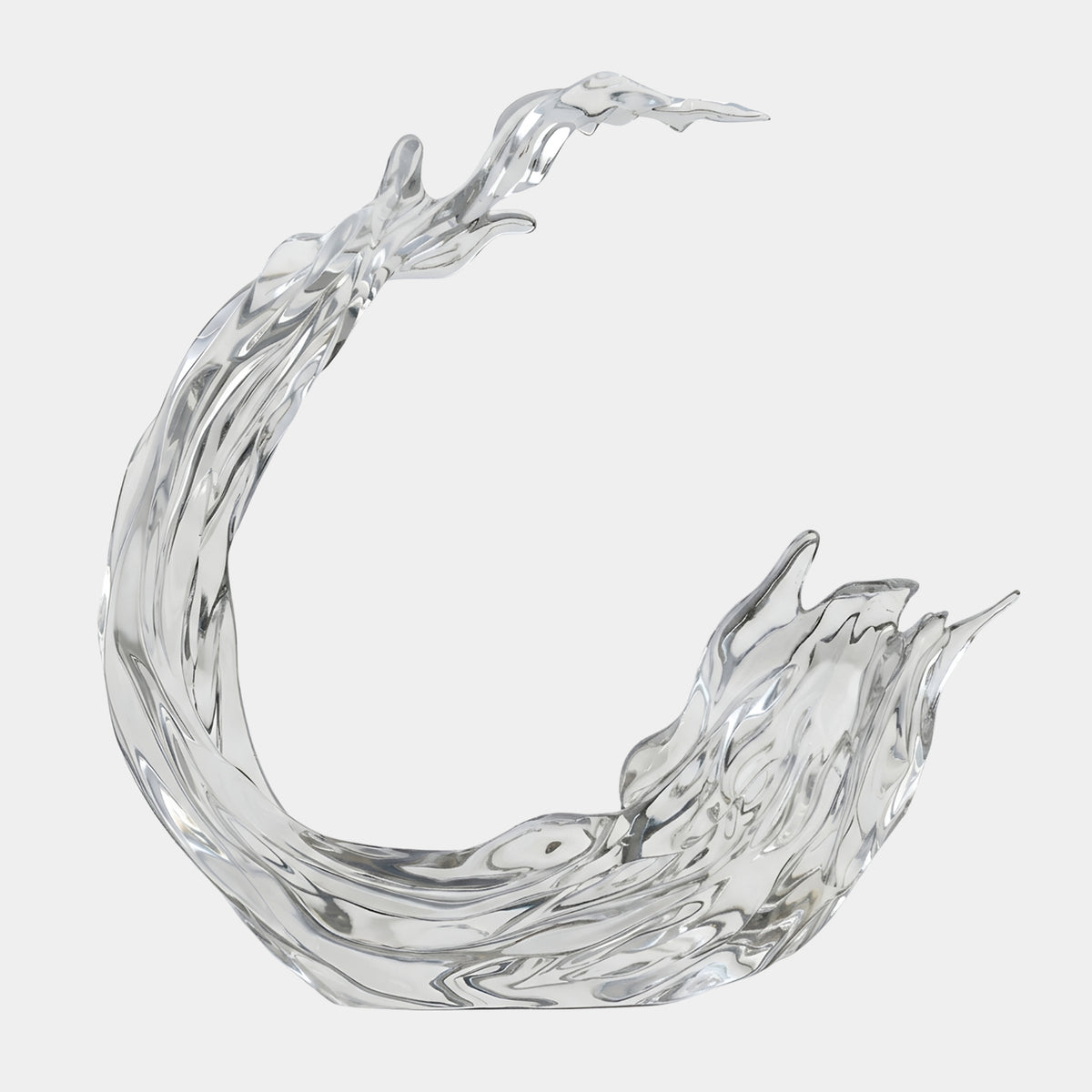 Clear Open Crescent Wave Cast Resin Sculpture, 77cm, forming a curved crescent with forked crest and pointed spray tips, shown on a plain light background.