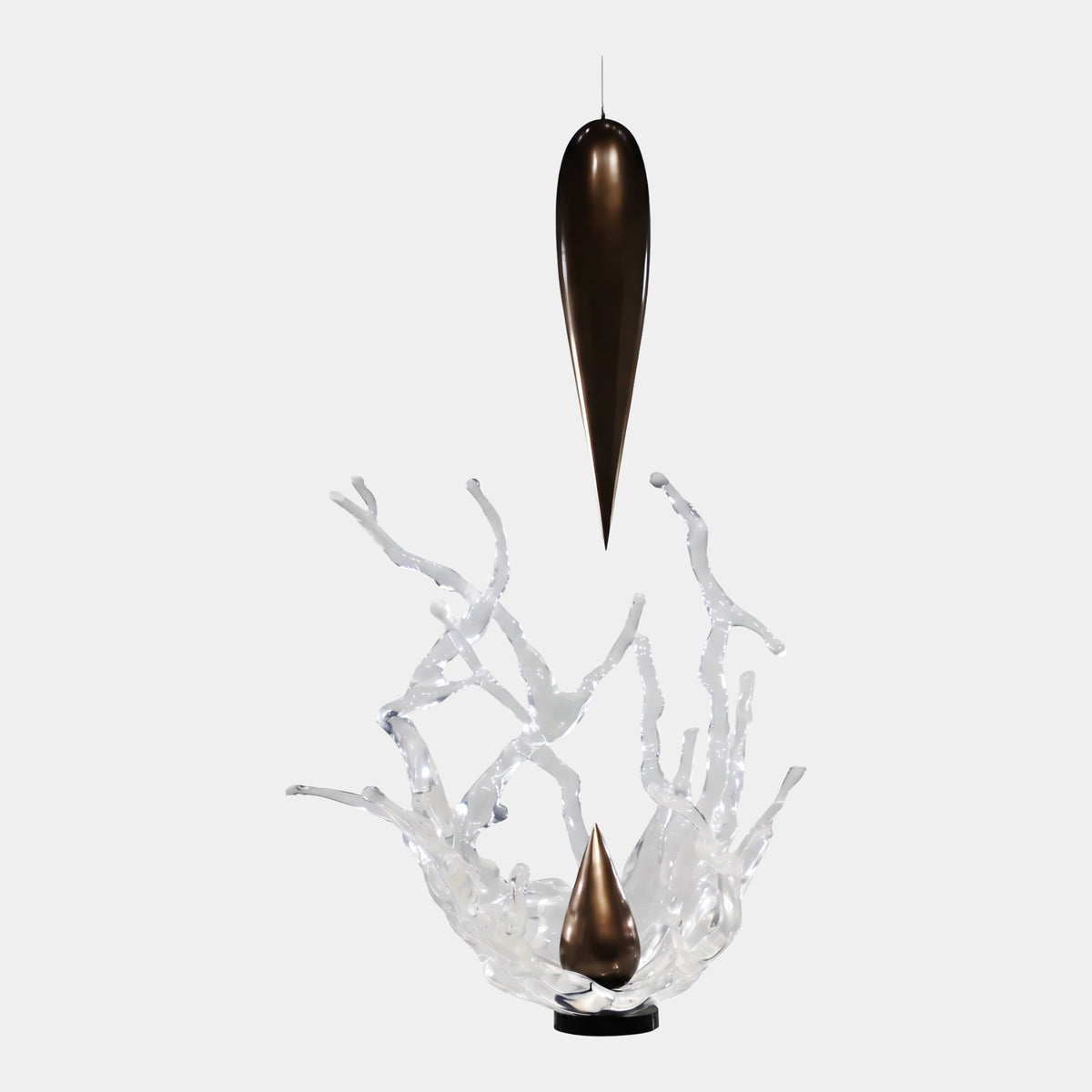 Clear & Bronze Hanging Drop Splash Resin Sculpture, 138cm, with a bronze teardrop suspended above a clear resin splash on a black base, set against a plain white background.
