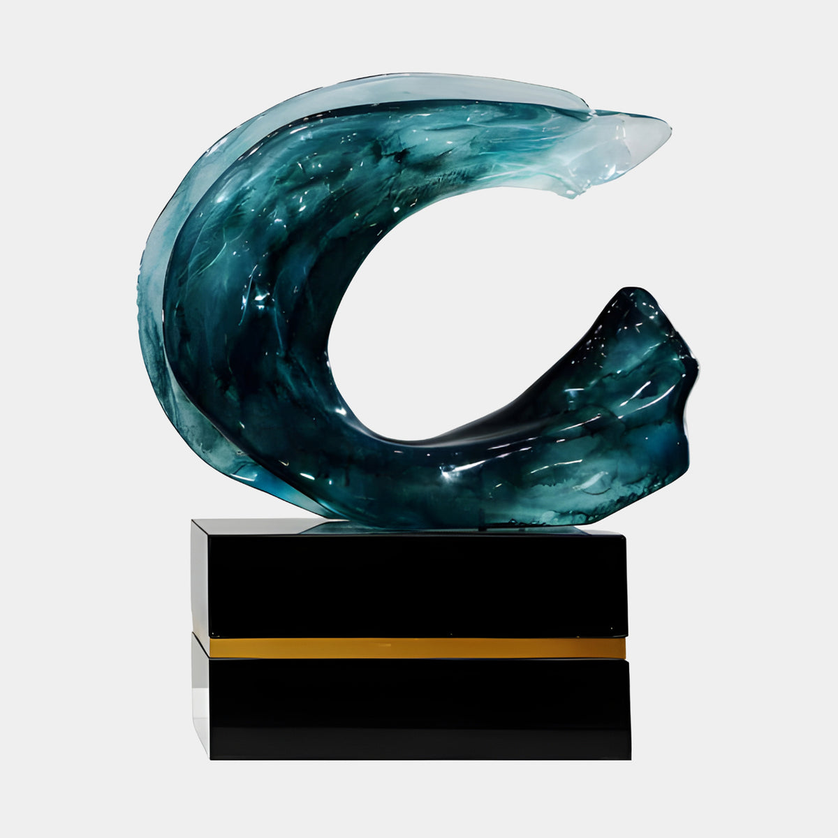 Teal Marbled Wave Curl Cast Resin Sculpture - 66cm, a hooked wave form in blue-teal marbling on a black marble base with a gold band, shown on a plain white background.