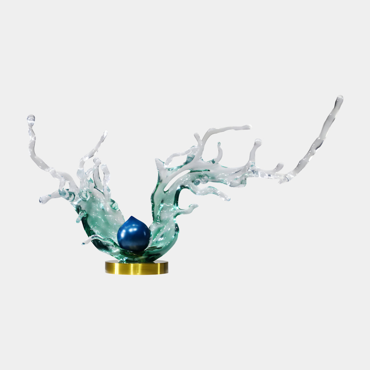 Green Splash & Blue Droplet Resin Sculpture, 100cm, with a solid blue droplet at center on a gold-toned metal disc base, set against a plain white background.