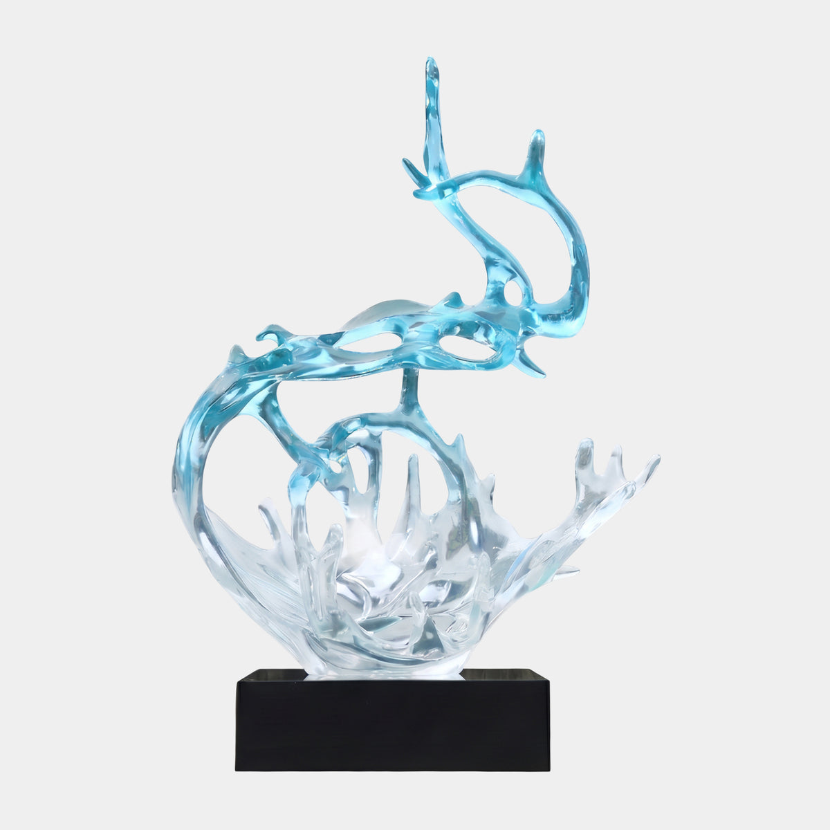 Aqua & Clear Rising Ribbon Splash Resin Sculpture, 170cm, with a clear spray crown and curling aqua ribbon on a black marble base, against a plain light background.