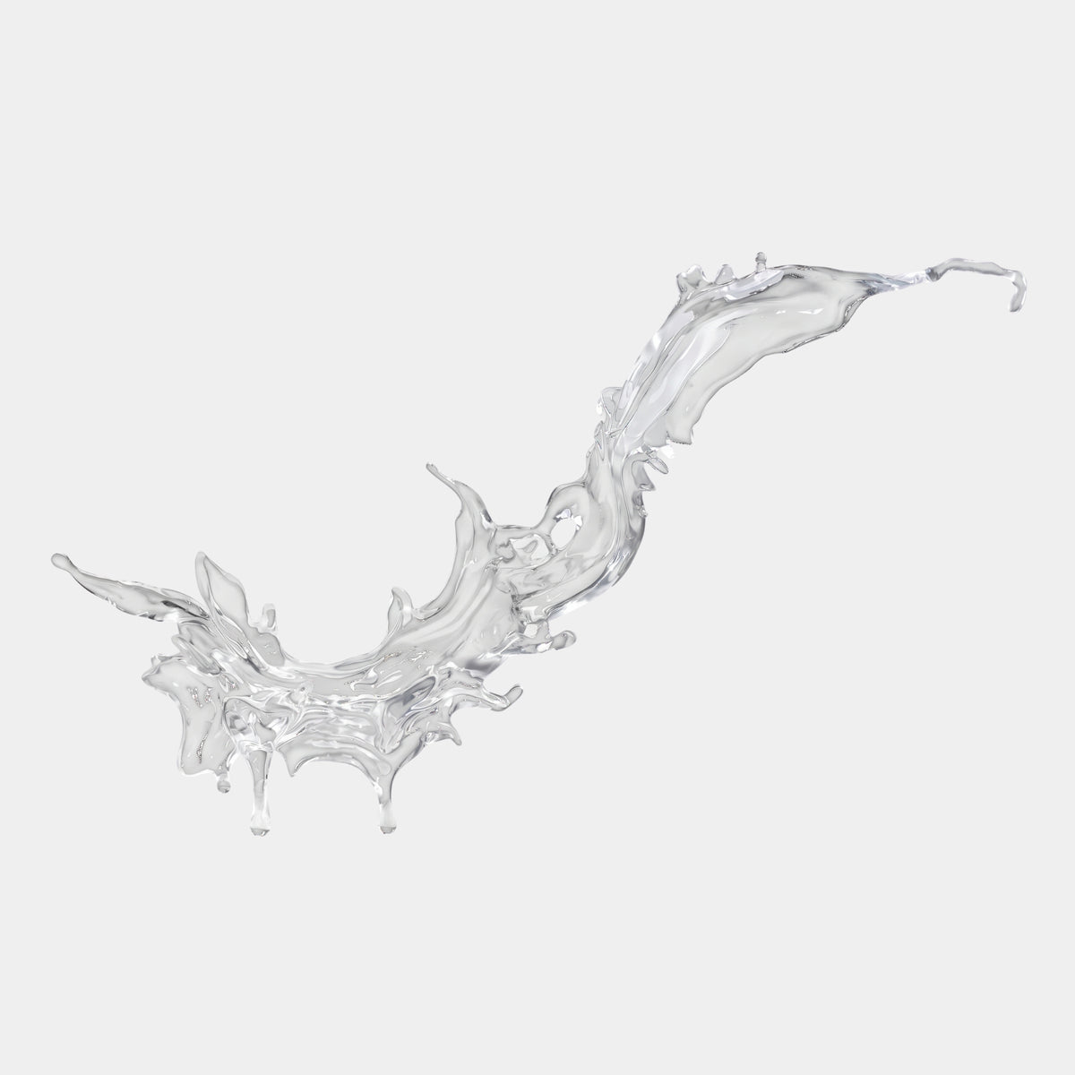 Clear Pool & Rising Stream Splash Resin Sculpture (120cm) shows a clear resin wave curving upward from a splashed pool with drip details, set against a plain white background.
