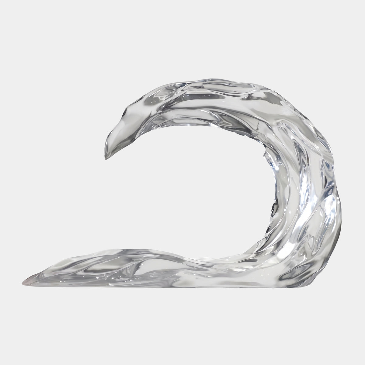 Clear Rolling Tube Wave Resin Sculpture - 120cm, showing a curling crest hollowing into a tube above a low tail, set against a plain light background.
