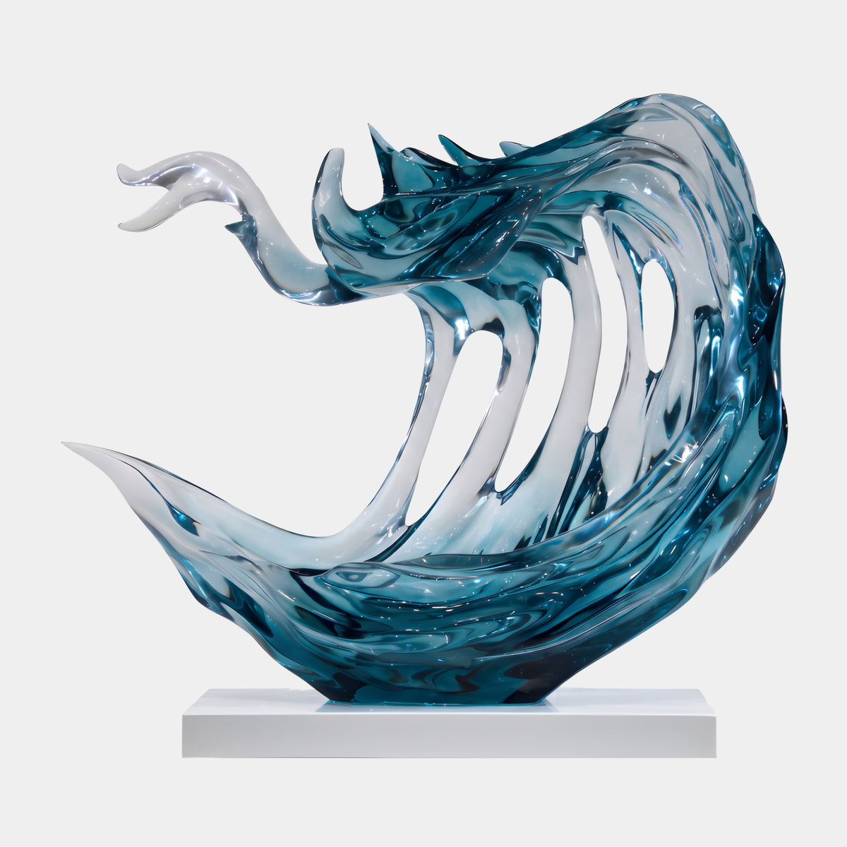 Teal & Clear Slotted Wave Resin Sculpture, 85cm, with rib-like cut slots and a curling spray tongue, on a slim white base against a plain light background.