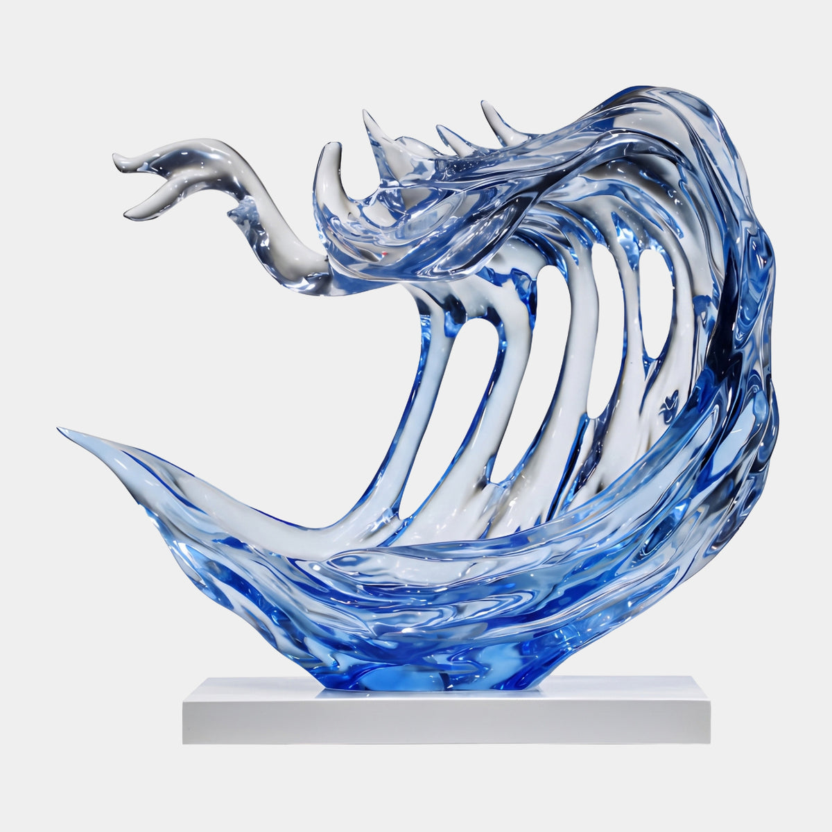 Cornflower Blue & Clear Slotted Wave Resin Sculpture, 85cm, with pale ribbed slots and curling clear tongues, on a white base against a plain background.
